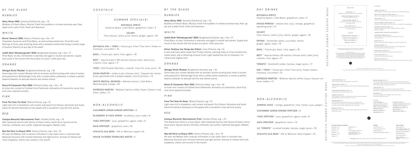 Botanica Restaurant and Market Menu