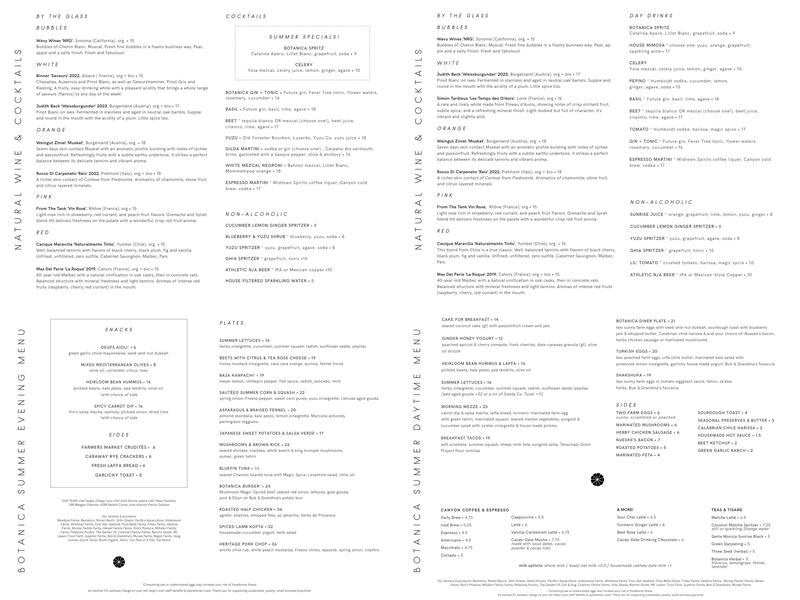 Botanica Restaurant and Market Menu