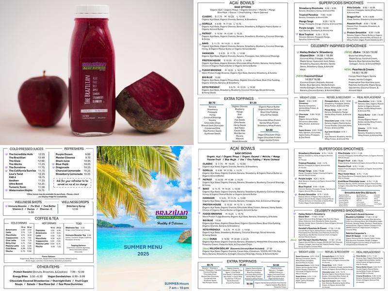 Brazilian Acai Bowls & Juice Bar Menu