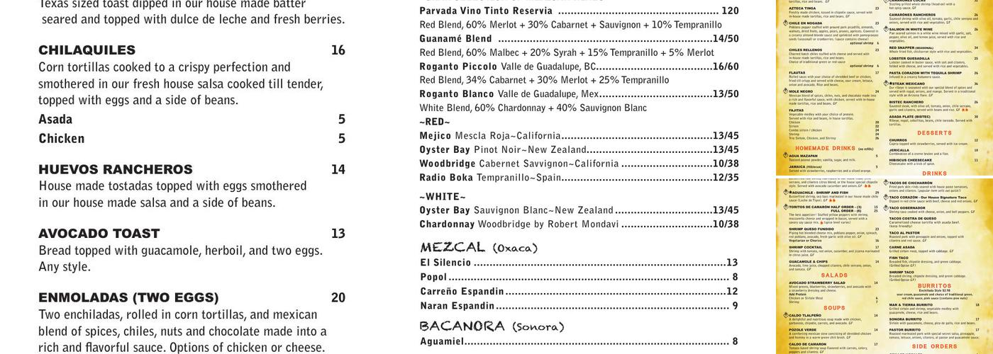 Casa Corazon Restaurant Menu