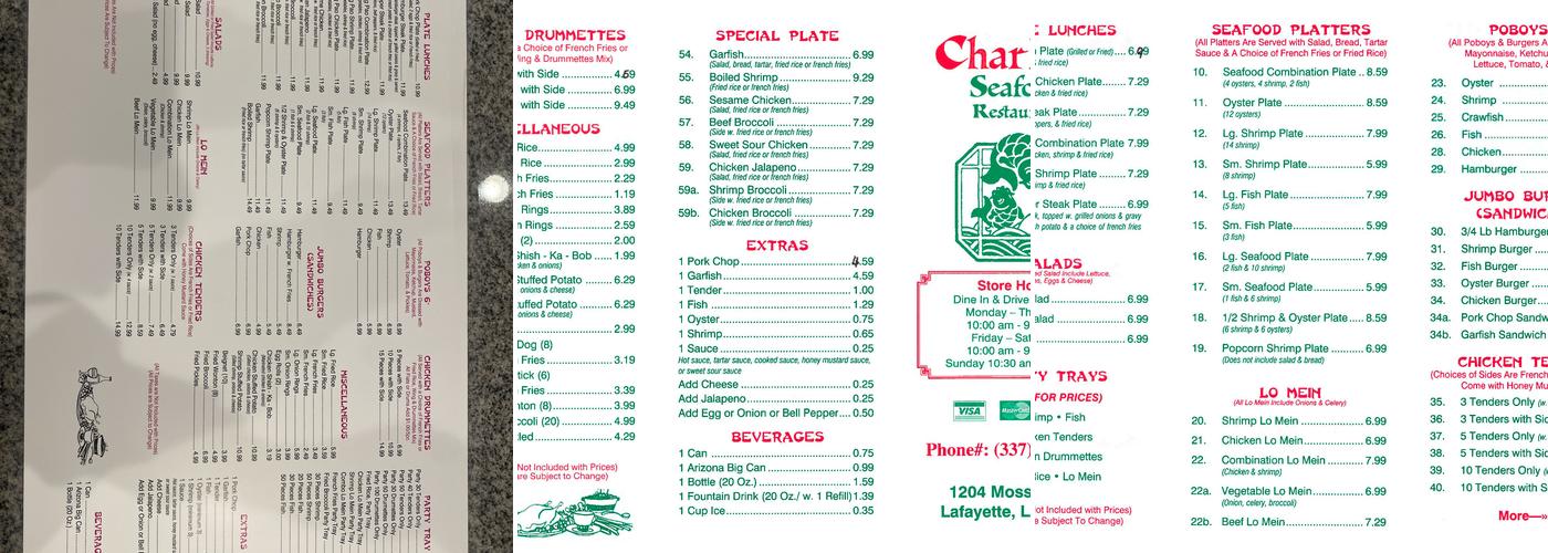 Charlie's Seafood Restaurant Menu