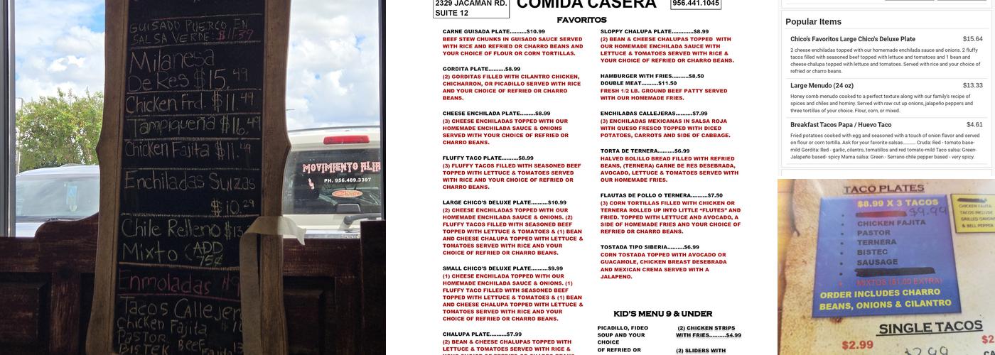 Chico's Comida Casera Menu