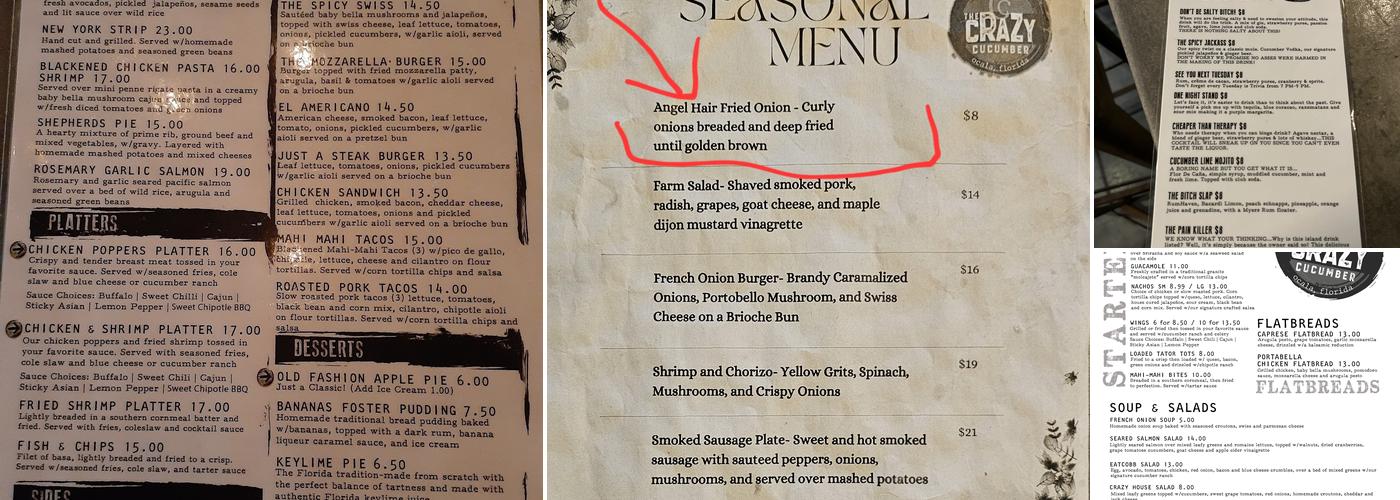 The Crazy Cucumber 352 Eatery and Bar Menu