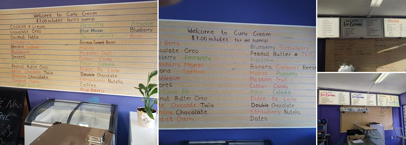 CURLY CREAM Hand Rolled Icecream Menu