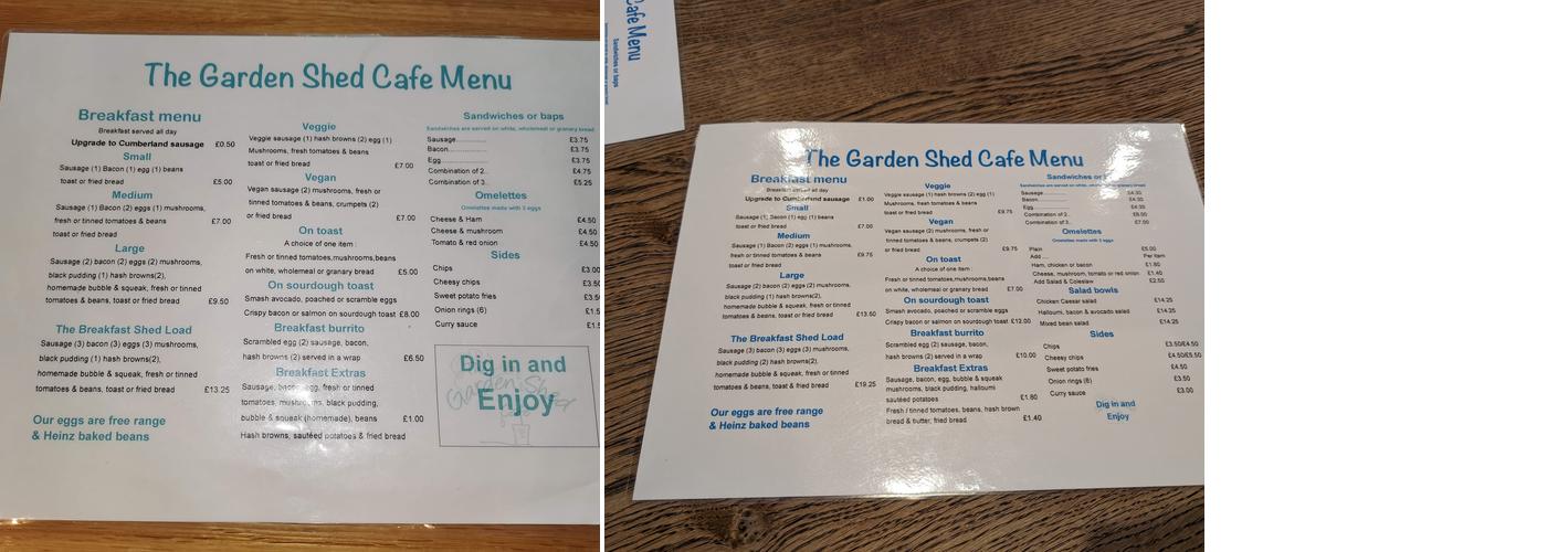 The Garden Shed Cafe Menu