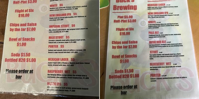 Buck's Brewing Co Menu