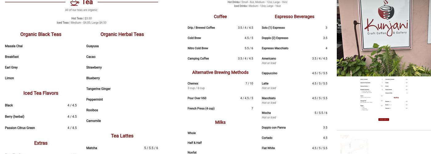 Kunjani Craft Coffee & Gallery Menu