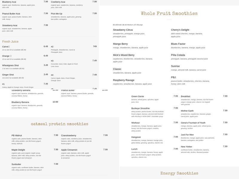 Liquid Fresh Planet Clifton Menu