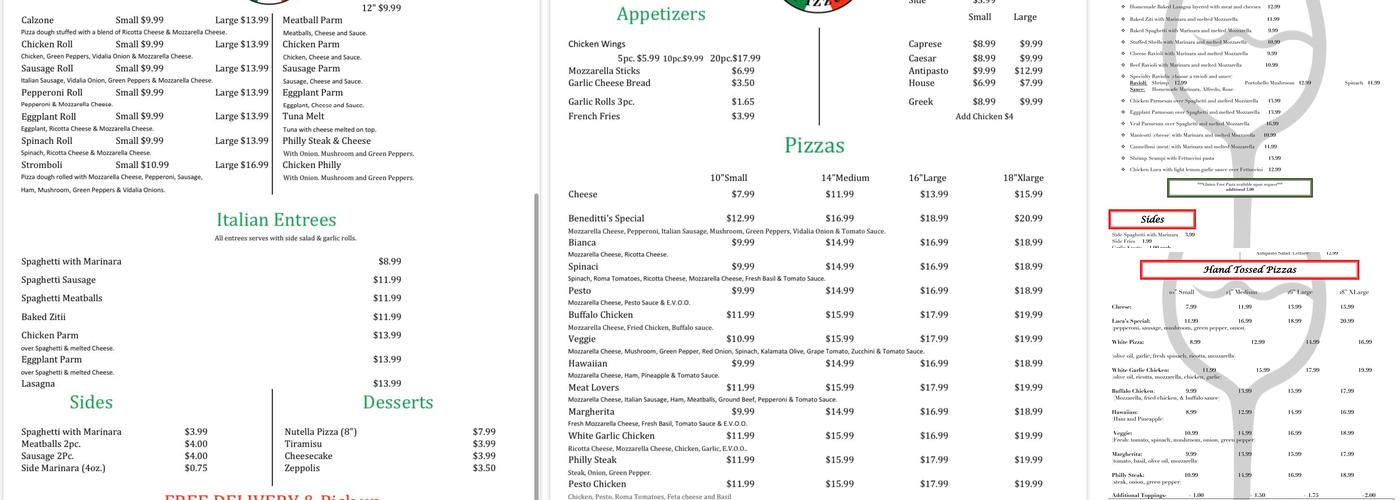 Beneditti's Pizza Menu