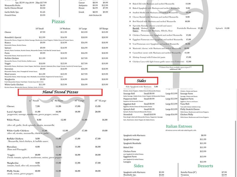Beneditti's Pizza Menu