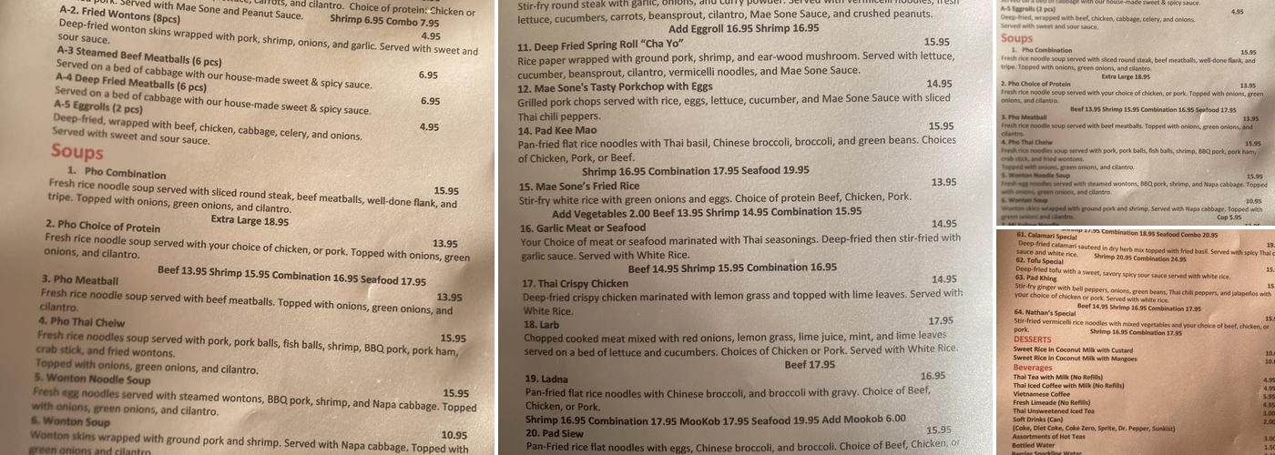 Mae Sone Noodle House Menu