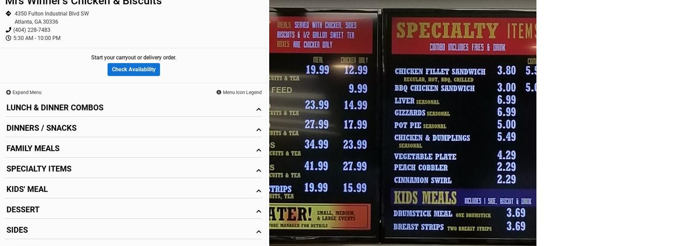 Mrs Winner's Chicken & Biscuits Menu