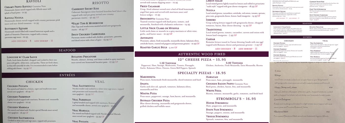 Nicola's Italian Restaurant Menu