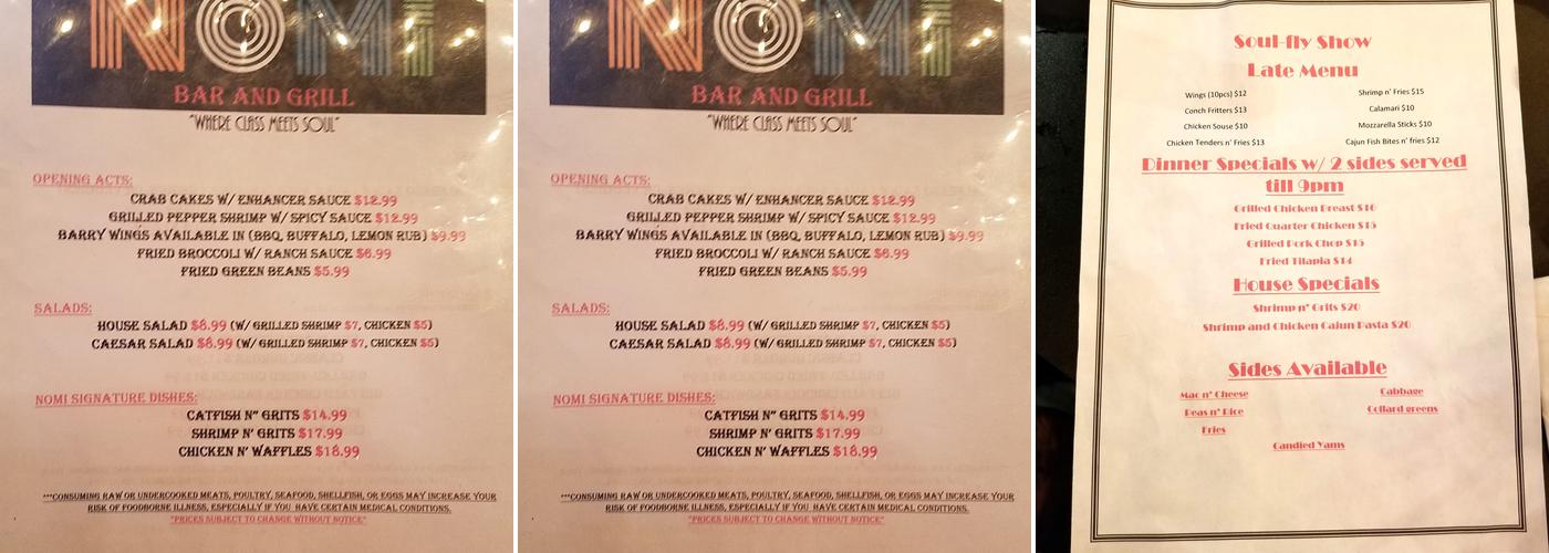 NoMi Bar And Grill Menu