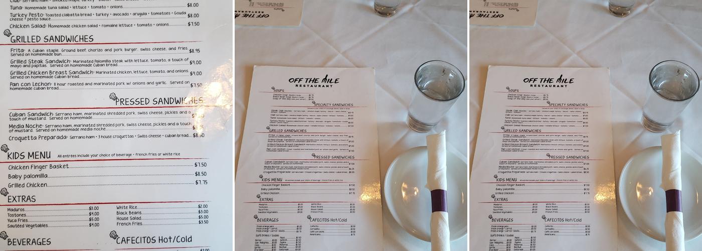 Off The Mile Restaurant Menu