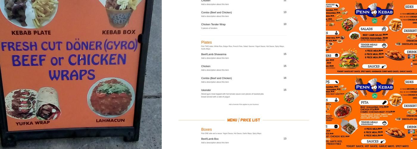 Penn Kebab Menu