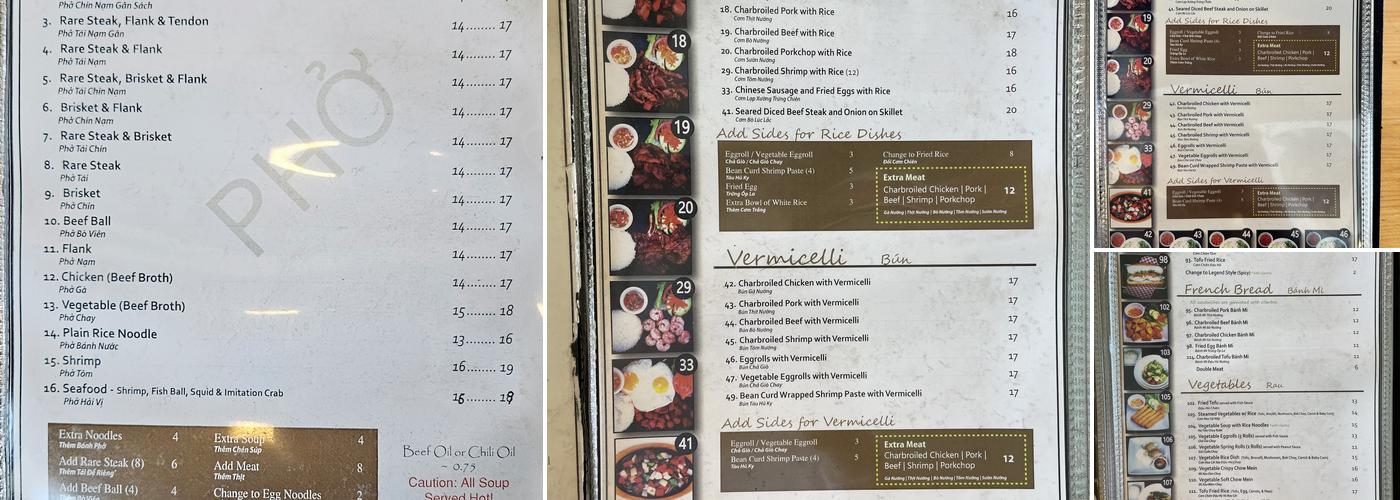 Pho Legend Menu