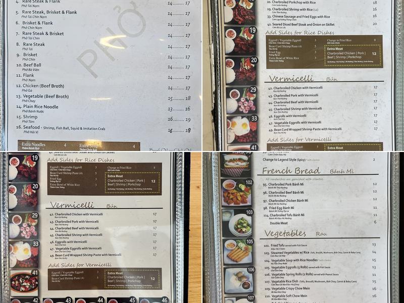 Pho Legend Menu