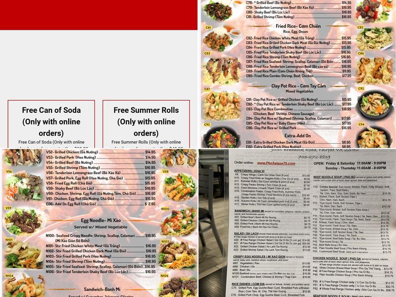 Pho Saigon 75 Menu