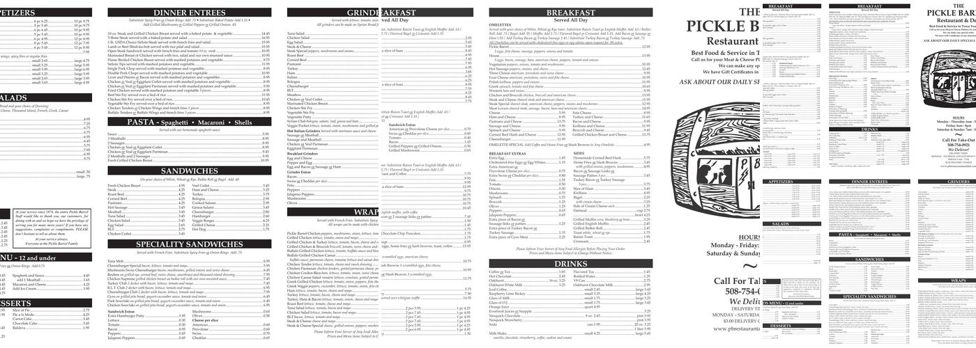 Pickle Barrel Deli Menu