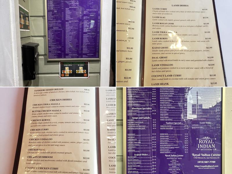 Royal Indian Cuisine on Fillmore Menu