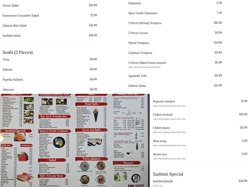 Ryu sushi Menu