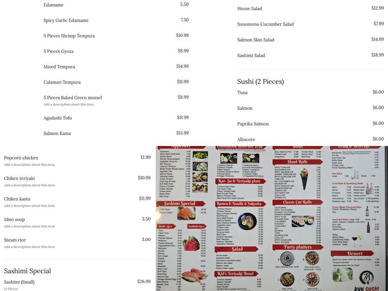 Ryu sushi Menu