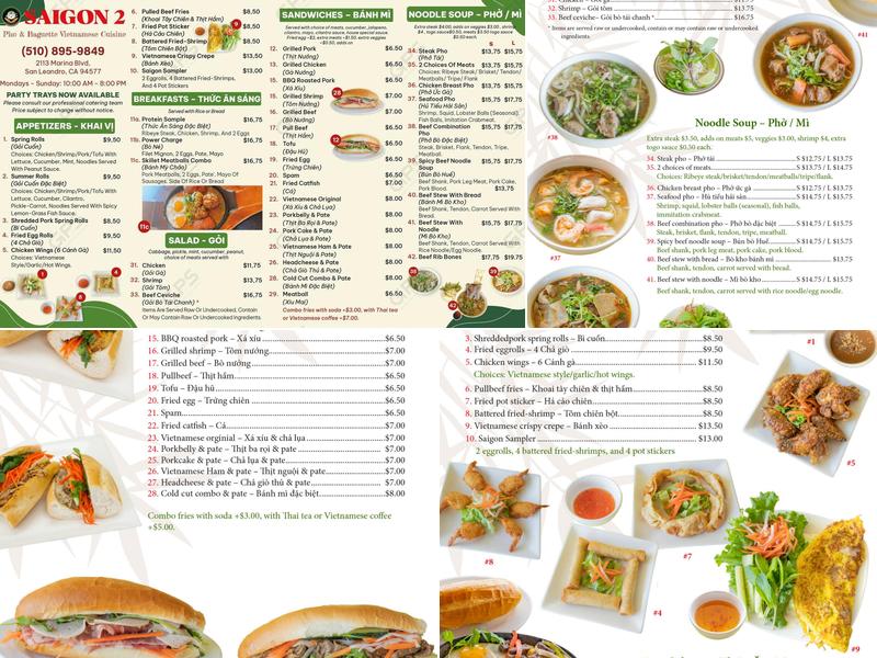 Saigon 2 Restaurant Menu