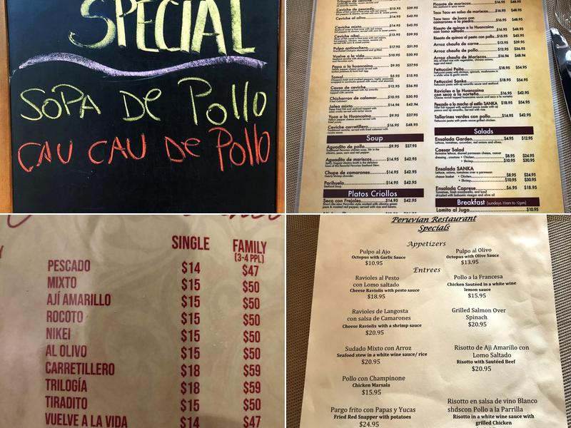 Sanka, Peruvian Restaurant Menu