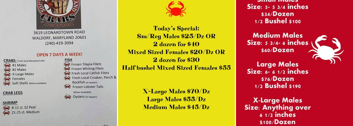 Southern Maryland Crabs & Seafood Menu