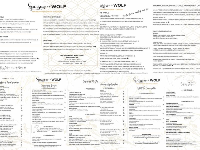 Sparrow + Wolf Menu