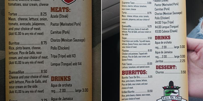 Taco De Oro Authentic Mexican Food Cart Menu