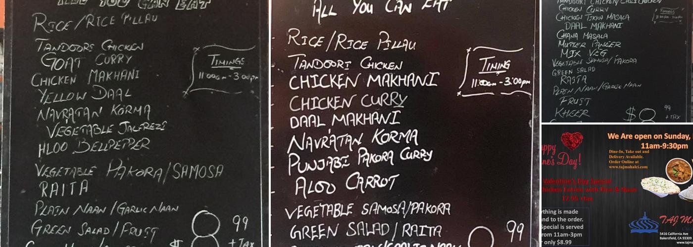 Taj Mahal Cuisine of India Menu