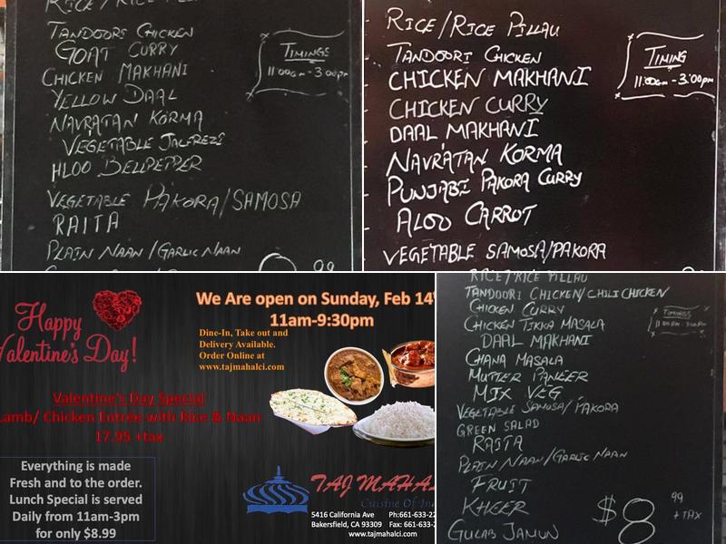 Taj Mahal Cuisine of India Menu