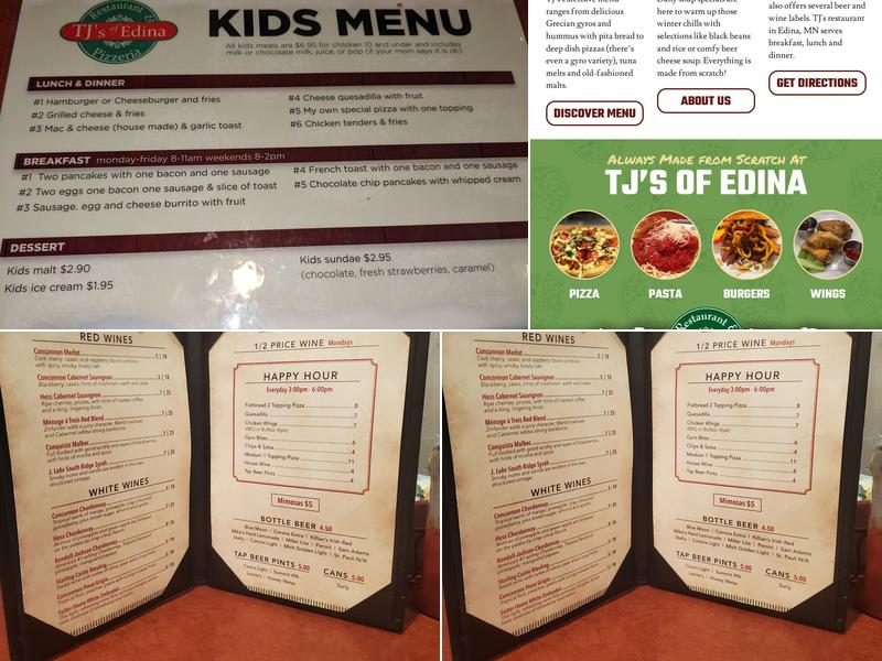 TJ's of Edina Restaurant Menu