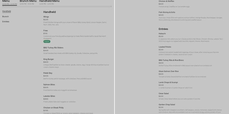 Three Kings bar and lounge Menu