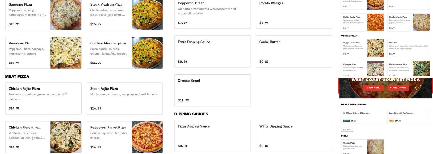 West Coast Gourmet Pizza Menu