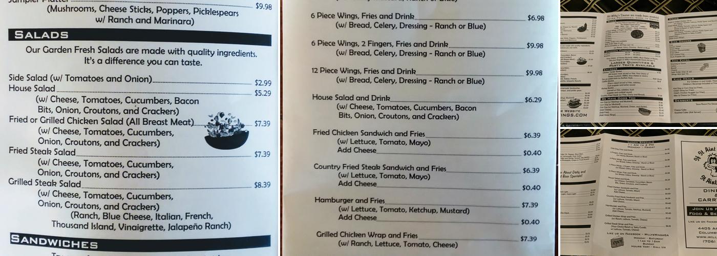 Willy's Wings Menu