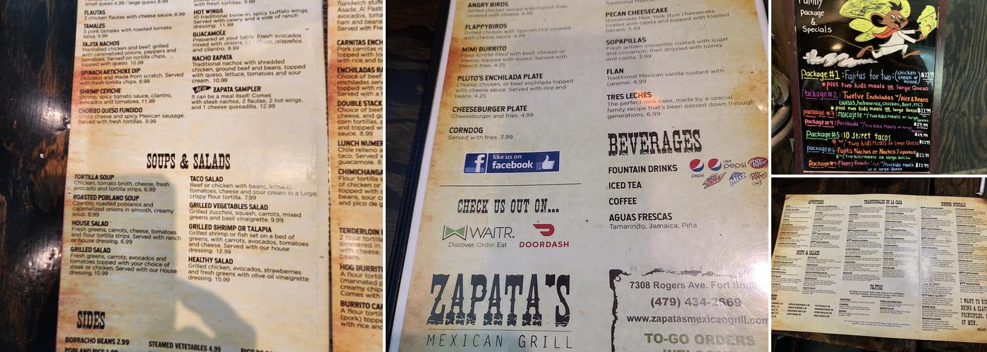 Zapata's Mexican Restaurant Menu