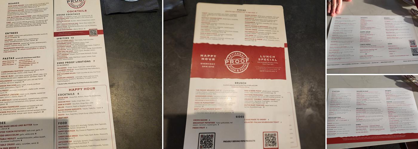 Proof Artisanal Pizza & Pasta Menu