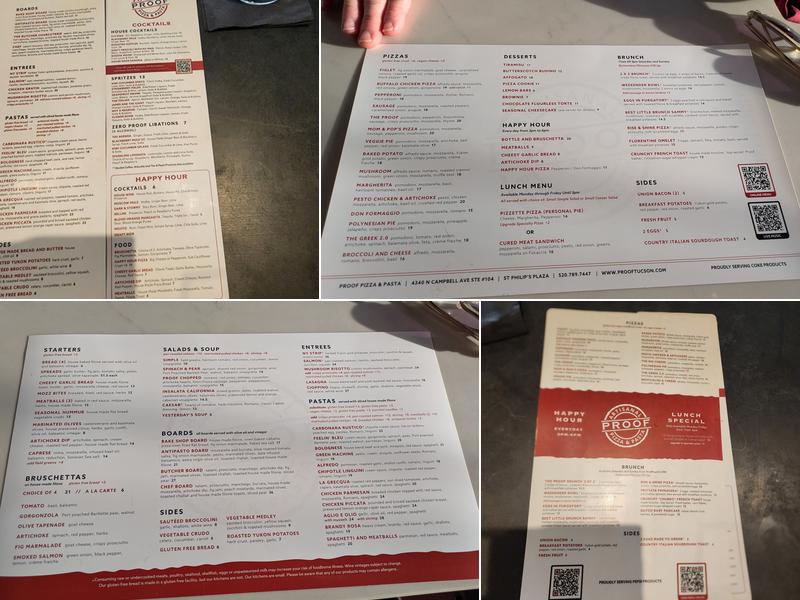 Proof Artisanal Pizza & Pasta Menu