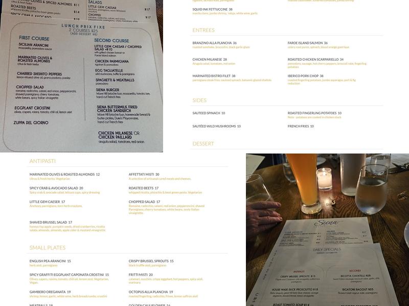 Siena Ristorante New Haven Menu