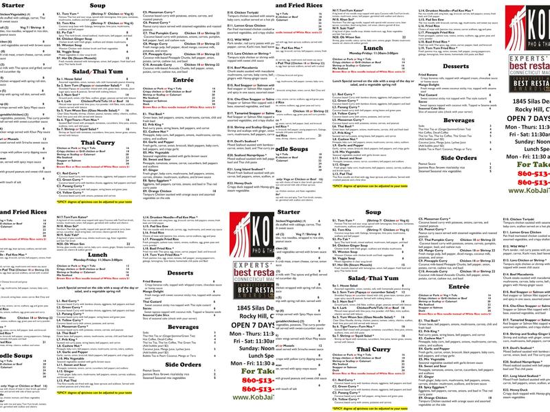 Kob Jai Pho and Thai Restaurant Menu