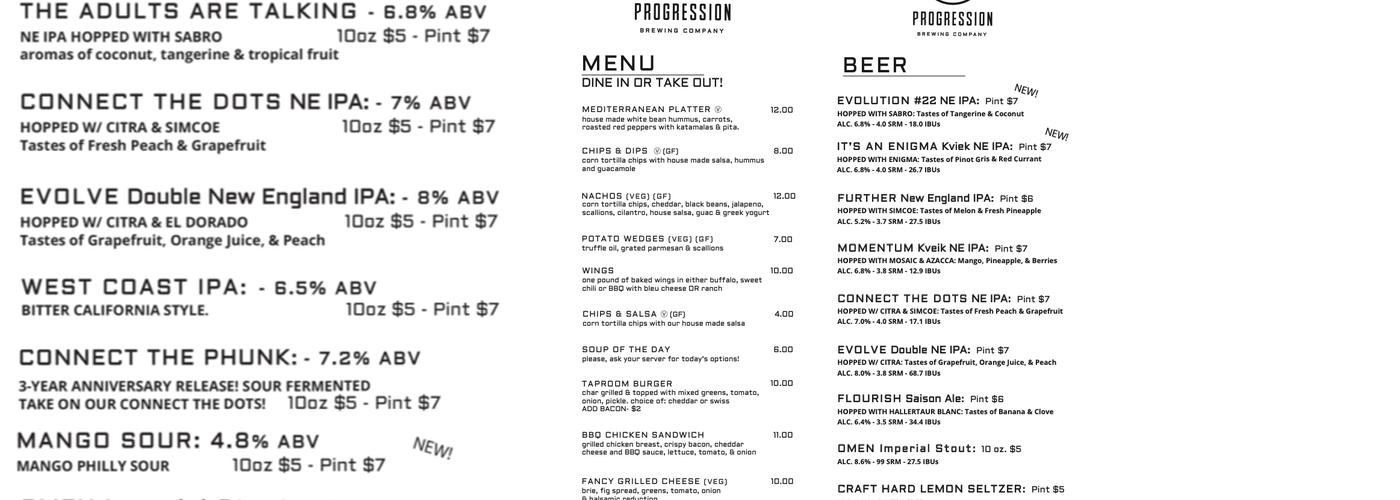 Progression Brewing Company Menu