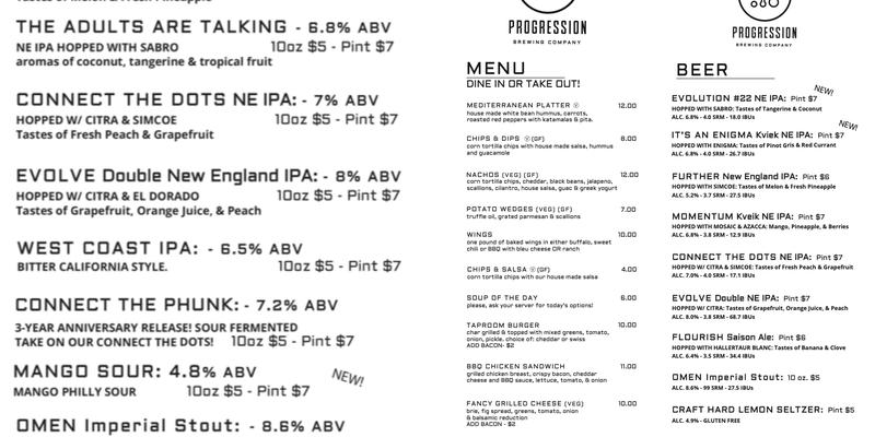 Progression Brewing Company Menu