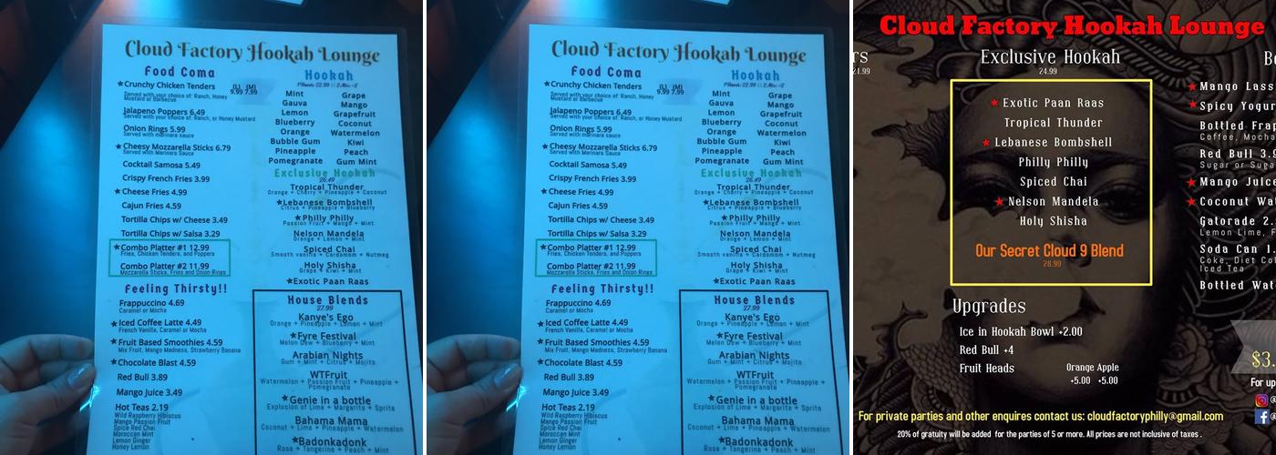 Cloud Factory Hookah Lounge Menu