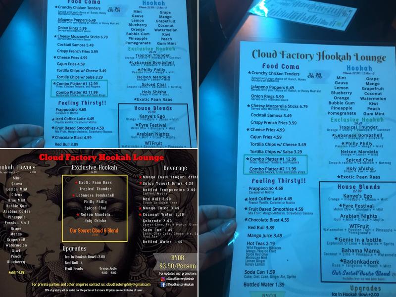Cloud Factory Hookah Lounge Menu
