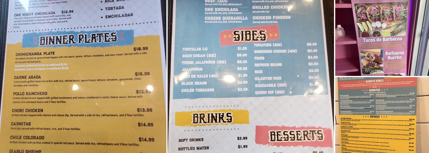 One Night Taco Stand Menu