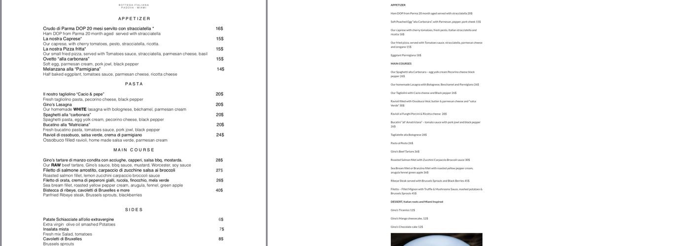 Gino’s Bottega Italiana Menu