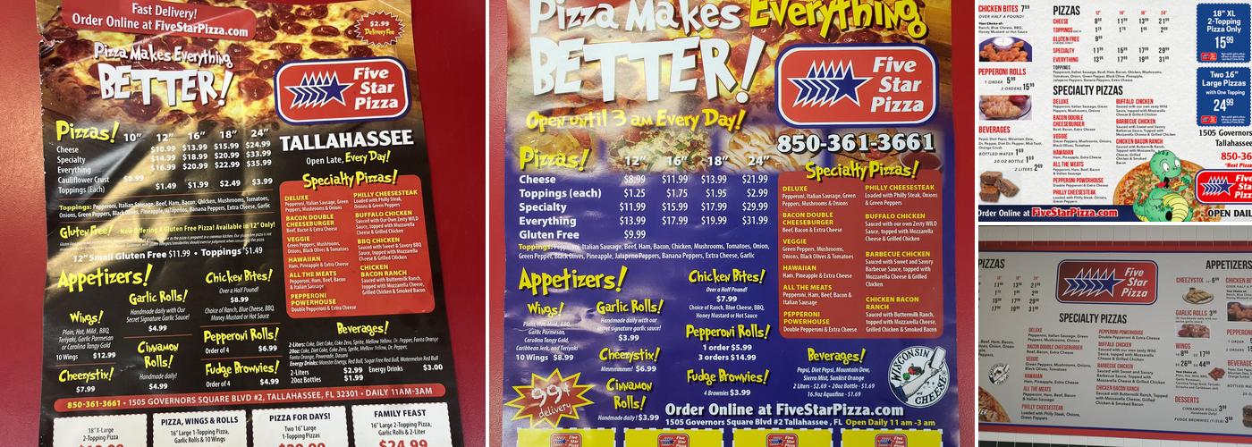Five Star Pizza Menu